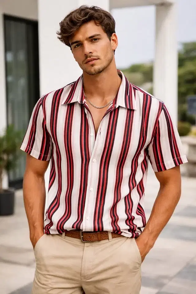 Striped Casual Shirts for Men (Red & White, S)