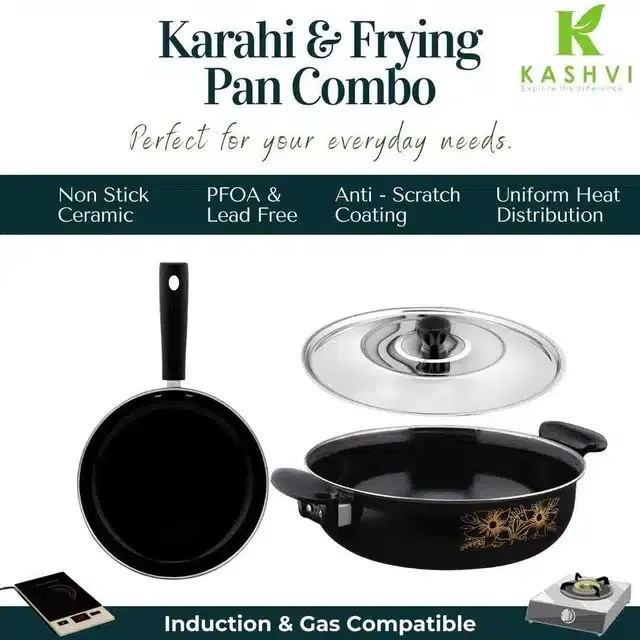 Non Stick Kadai with Stainless Steel Lid & Frying Pan, Black, Set of 2
