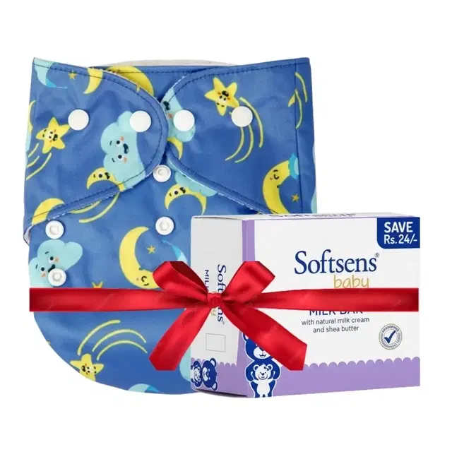 Bumpers Organic Cloth Diaper (Royal Blue) Free Size + Softsens Baby Milk Bar 3X100 g (Pack of 3)