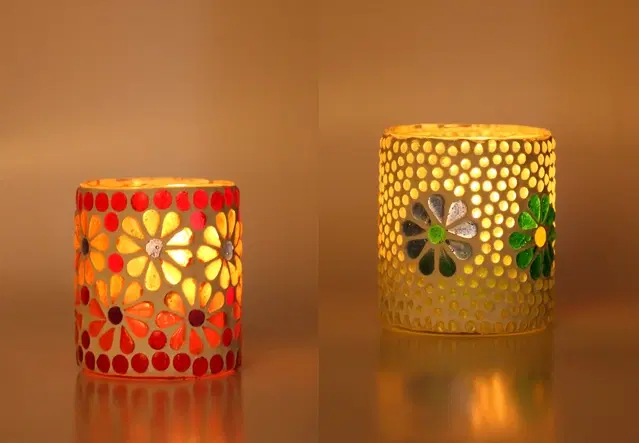 Glass Decorative Tea Light Holders, Multicolor, Pack of 2