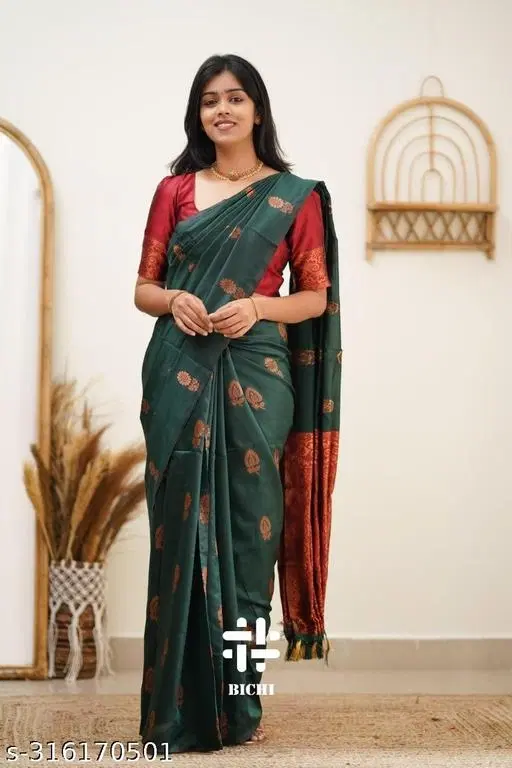 Soft Silk Saree for Women (Green, Free Size)