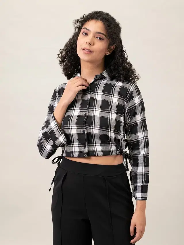 Full Sleeves Printed Shirt for Women (Black White, S)