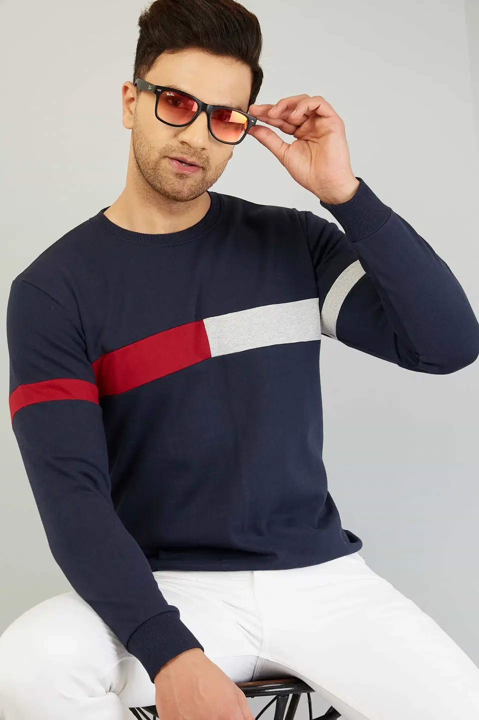 GESPO Mens Full Sleeve Colour Block Sweatshirt (Blue, S) (S61)