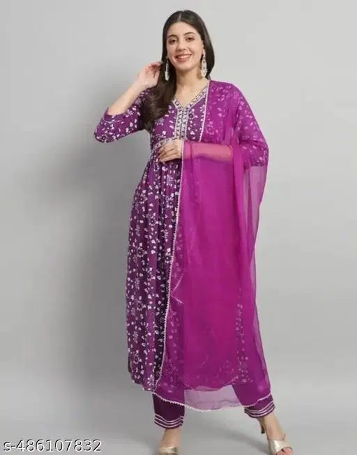 Rayon Aliya Cut Embroidered Kurti with Pant & Dupatta Set for Women, Purple (M)