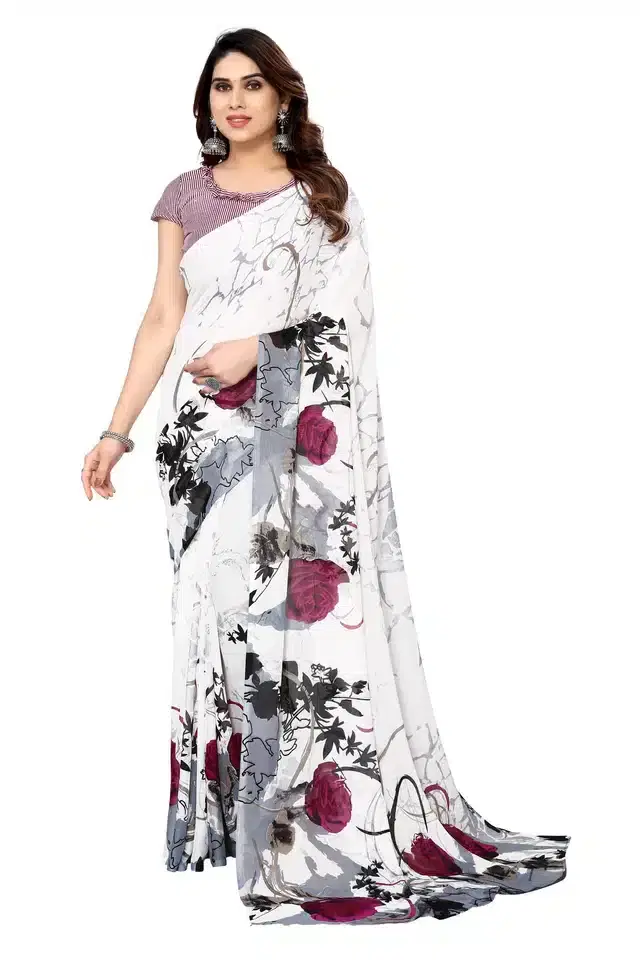 Georgette Printed Saree for Women (White, 6 m)