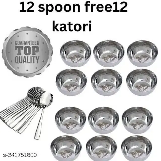 Stainless Steel 12 Pcs Bowls with 12 Pcs Spoon, Silver, Set of 2