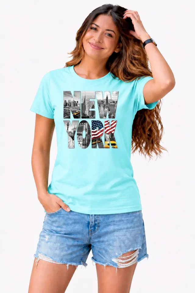 Cotton Blend Tshirts for Women (Aqua Blue, S)