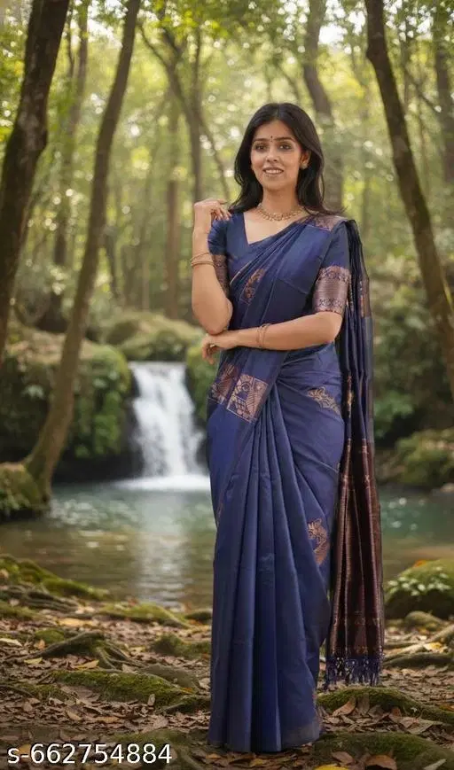 Kanjeevaram Silk Saree for Women (Blue, Free Size)