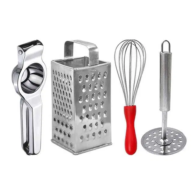Oc9 Stainless Steel Lemon Squeezer & 4 in 1 Grater Or Slicer & Egg Whisk & Potato Masher Kitchen Tool Set, O-138