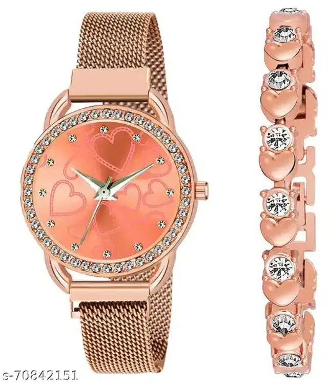Analog Watch with Bracelet for Women, Set of 2 (Multicolor)