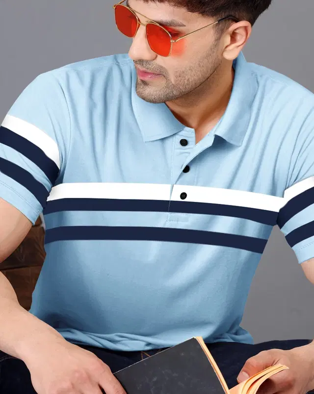 Polo Neck T-Shirt for Men (Aqua Blue, M)