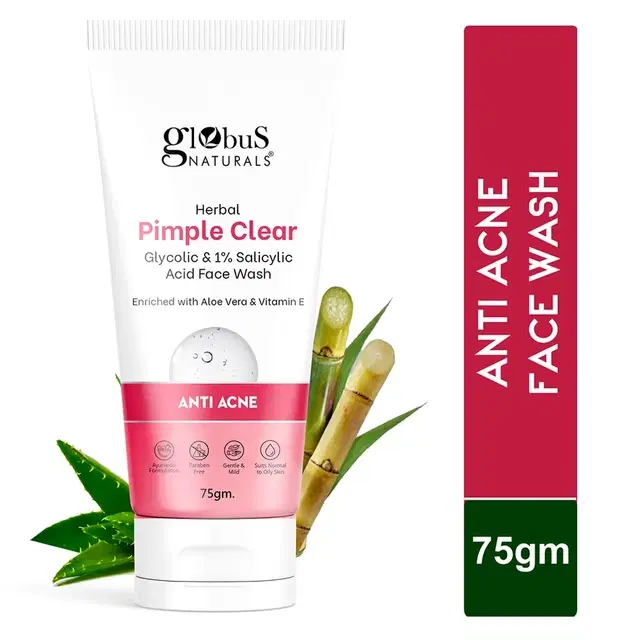Globus Naturals Herbal Pimple Clear Glycolic & 1% Salicylic Acid Face Wash 75 g