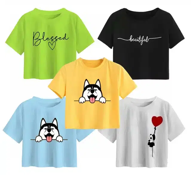 Cotton Printed Crop Tops for Girls, Pack of 5 (Multicolor, 14-15 Years)