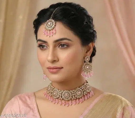 Mehandi Finish Shadow crystal Choker Set with Maang Tikka and Matching Earrings for Women (Pink, Free Size)