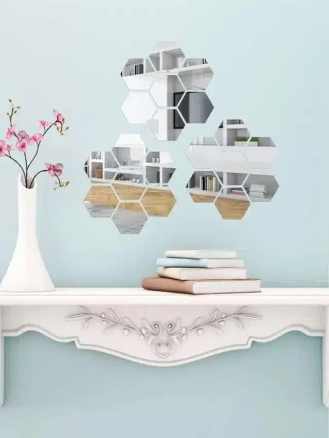 Acrylic Hexagon Shaped Wall Mirror Stickers, Silver, Pack of 21