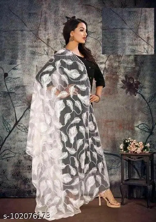 Embroidered Jaipuri Net Botanical Sewing & Embroidery (White, Free Size)