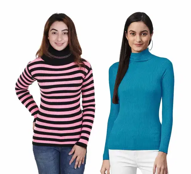 Full Sleeves Solid Sweater for Women, Pack of 2 (Aqua Blue & Pink, M)