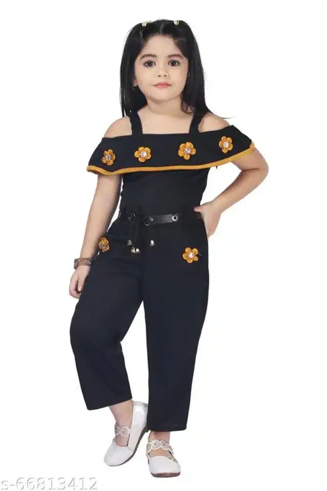 Cotton Blend Jumpsuit for Girls (Black, 7-8 Years)