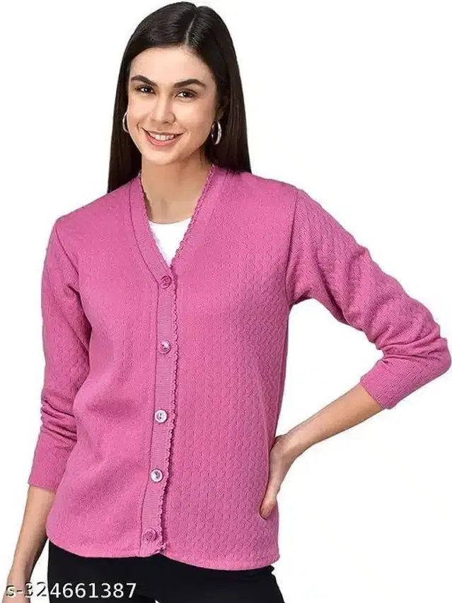 Woolen Solid Full Sleeves Sweater for Women (Pink, Free Size)