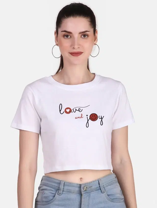 Cotton Blend Printed Top for Women (White, S)