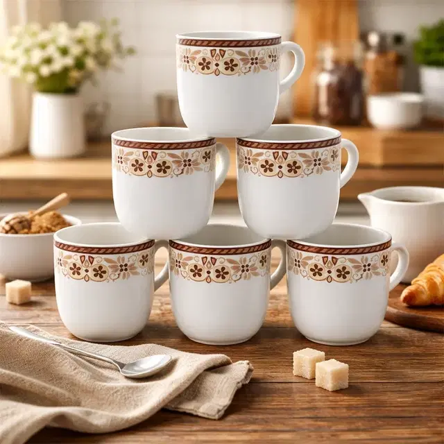 Ceramic Tea & Coffee Cup, White, Pack of 6 (140 ml)