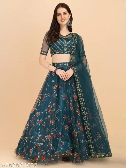 Lehenga Choli for Women (Rama, Free Size)