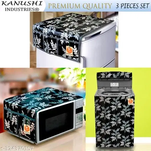 KANUSHI Industries® Fridge /Refrigerator Top Cover + 1 Pc Top Load Fully Automatic Washing Machine Cover + 1 Pc Microwave/Oven Top Cover(FRI+MICRO+WASMAC-FULLY-BLACK-SMALL-LEVS)