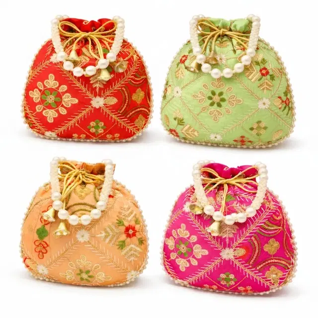 Handcrafted Embroidered Silk Potli Bag, Multicolour, Pack of 4