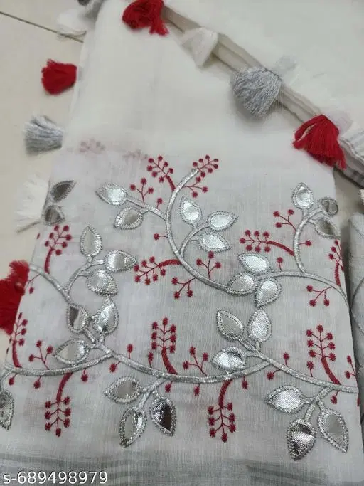 Embroidered Floral Chanderi Saree (White, Free Size)