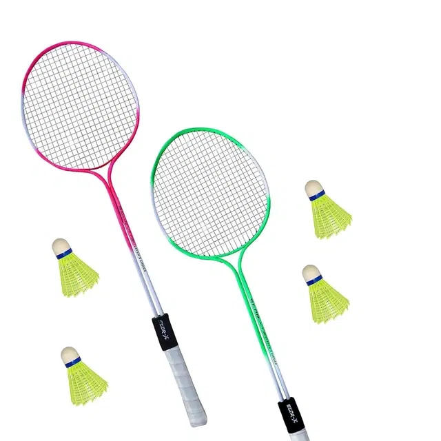 Badminton Rackets 2 piece with 4 Shuttle, Multicolor, Set of 2