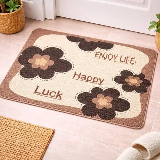 ENJOY LIFE,Happy Luck ,Brown and Beige Floral anti-skid door or Bath mat (38*58 cm)