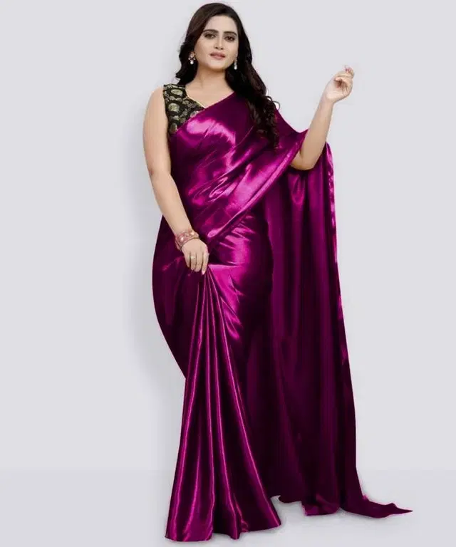 Satin Solid Saree for Women, Purple