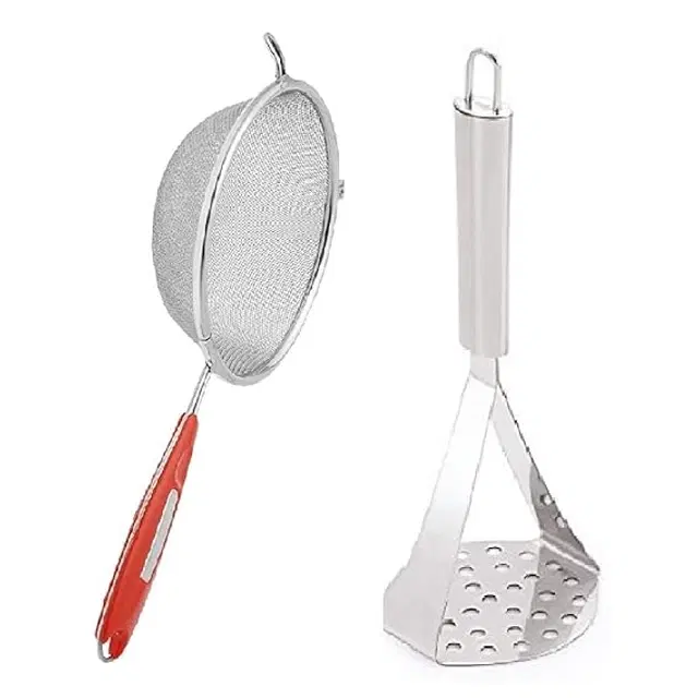 Stainless Steel Milk & Tea Strainer with Potato Masher for Kitchen, Multicolor, Set of 2