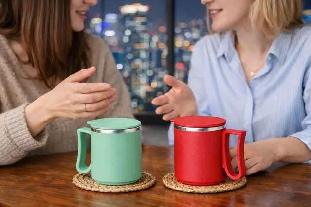 Stainless Steel Coffe Mug, Green & Red , Pack of 2 (300 ML)