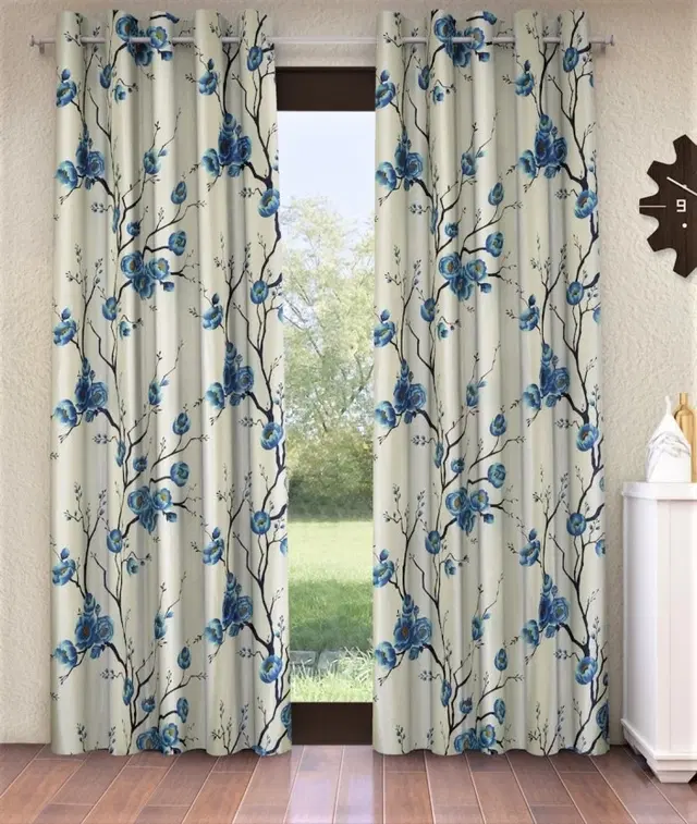 Fashion String Blue Floral String Curtains, 213 cm, 7 ft, Pack of 2