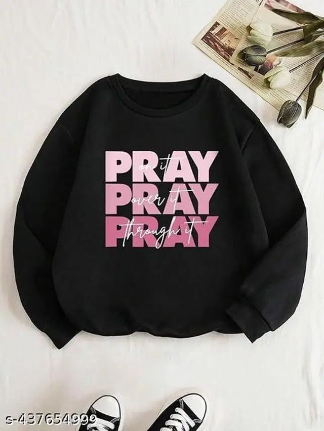 Cotton Blend Printed Sweatshirt for Women (Black, S)