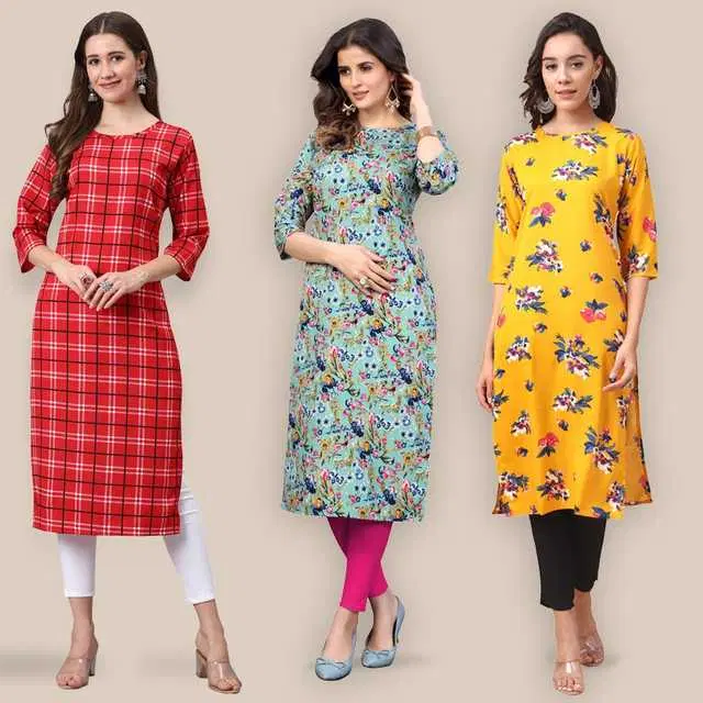 Women Crepe Printed Kurta, Pack Of 3 (Multicolor, XL) (SD-279)