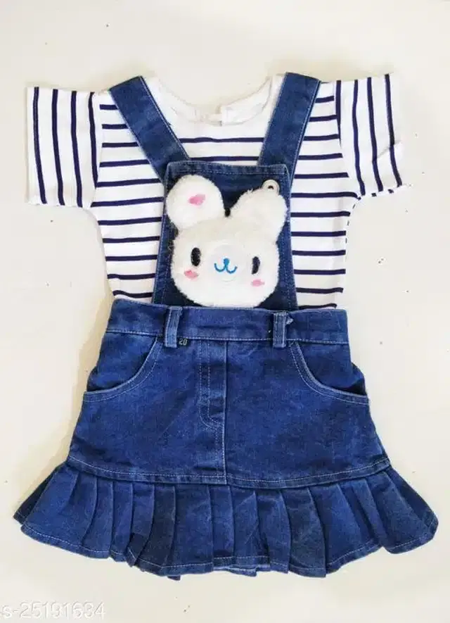 Dungaree with Top for Girls (White & Blue, 0-3 Months)