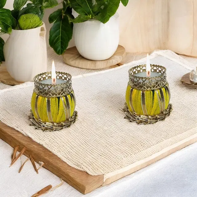 Metal Designer Tealight Candle Holder, Yellow, 5x5x6 cm, Pack of 2