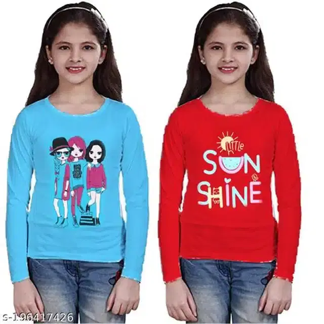 Cotton Full Sleeves T-Shirt for Girls, Pack of 2 (Sky Blue & Red, 7-8 Years)