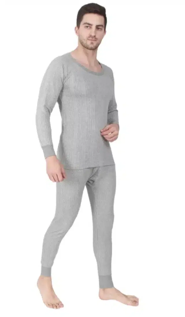 Cotton Blend Solid Thermal Set for Men (Grey, L)