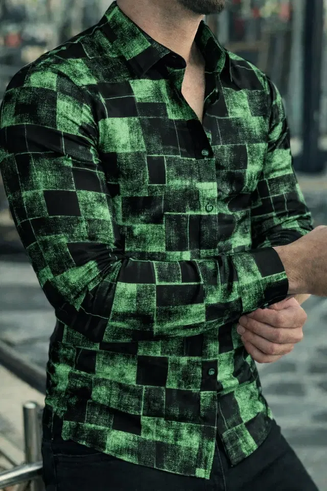 Lycra Geometric Print Shirt for Men, Green (S)