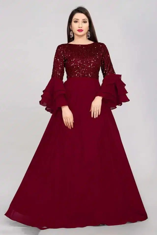 Women's Solid Flared Anarkali Gown (Maroon, M)