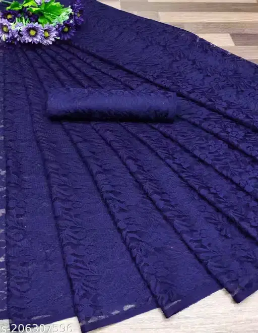 Net Solid Saree for Women, Navy (6.3 m)
