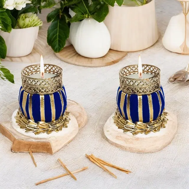 Metal Designer Tealight Candle Holder, Blue, 5x5x6 cm, Pack of 2