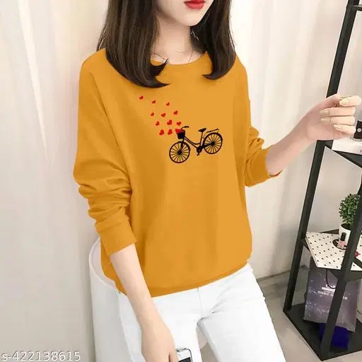 Cotton Blend Printed Sweatshirt for Women (Yellow, L)