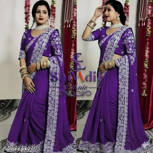 Organza Solid Saree For Women, Purple