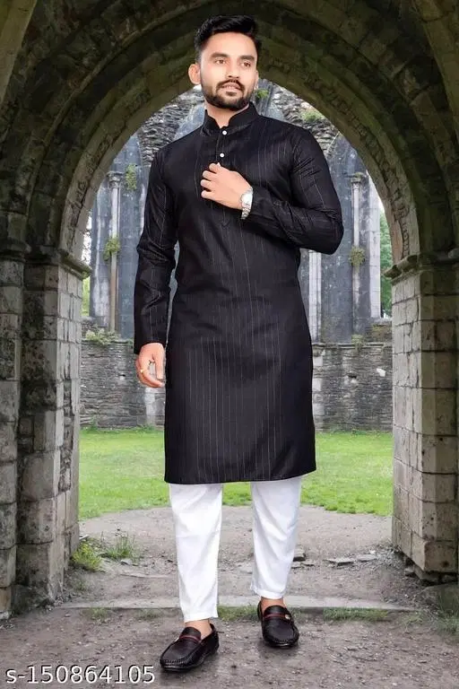 Cotton Blend Striped Kurta Set for Men (S)