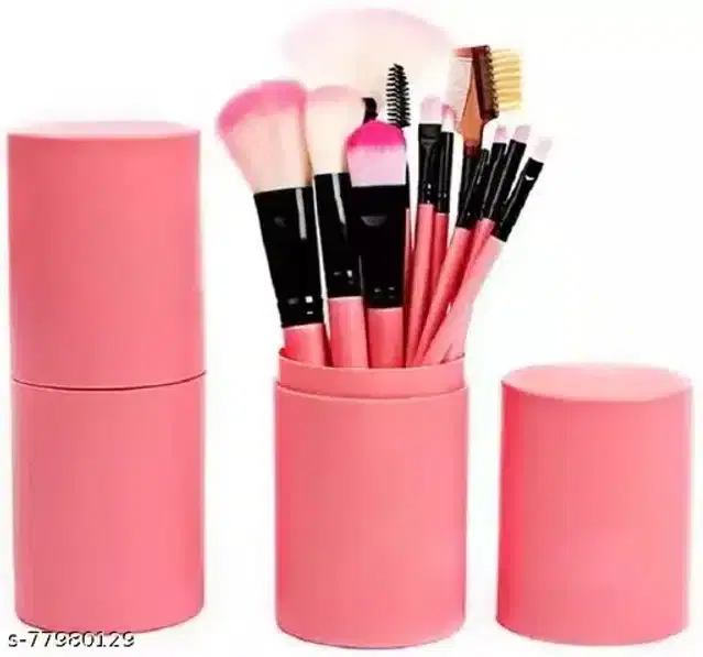 Face & Eye Makeup Brush with Storage Box, Pink, Pack of 12