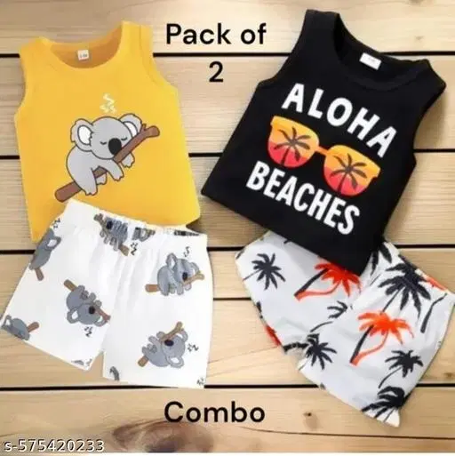 Hosiery Cotton Printed Clothing Set for Kids, Multicolor, Pack of 2 (18-24 Months)